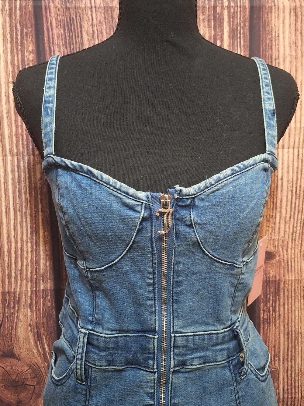 Juicy Couture Sweetheart Neckline Denim Zip Up Dress Size Medium NWT - Picture 2 of 8